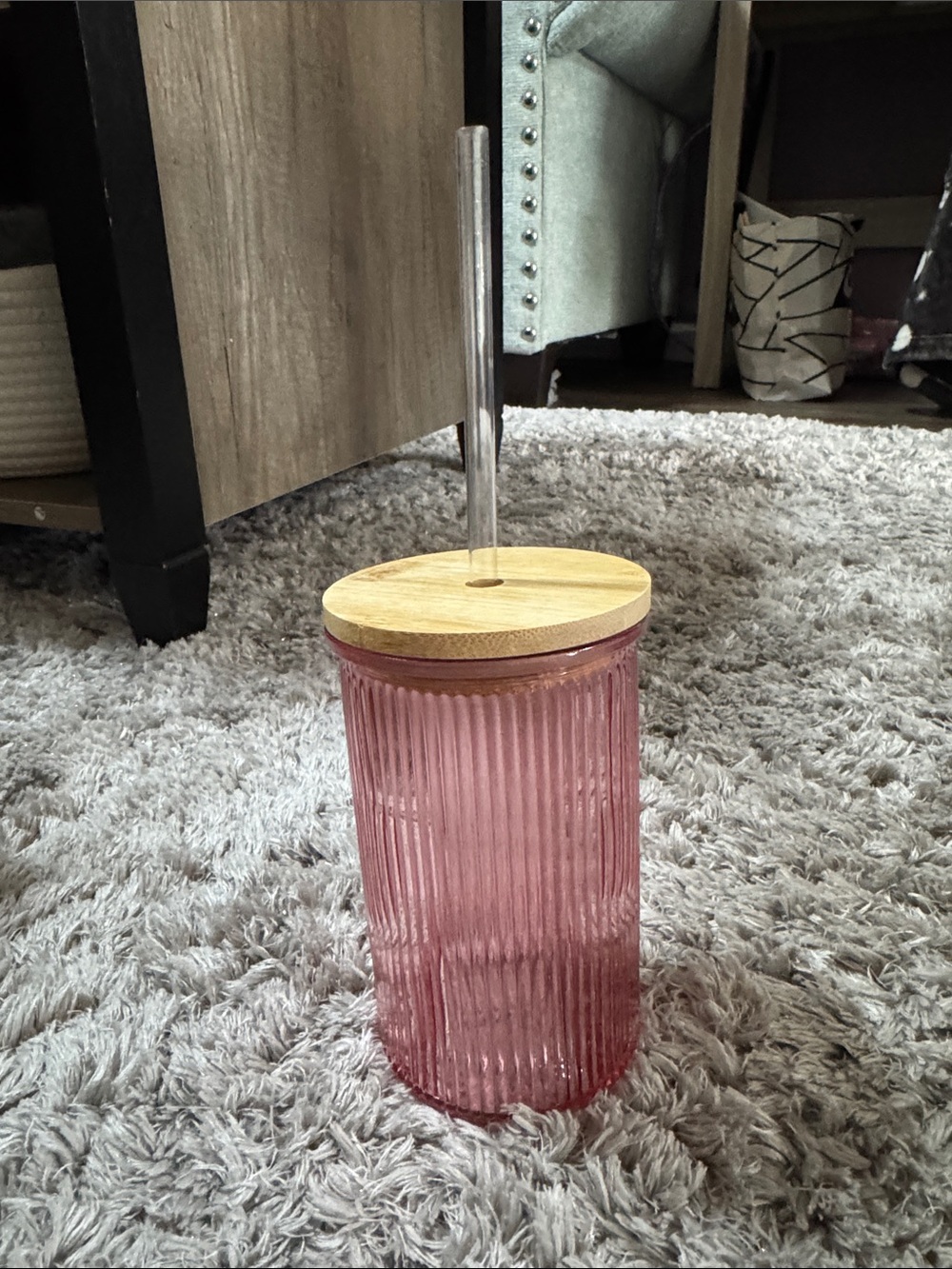 Ribbed Pink Glass Tumbler with Bamboo Lid & Clear Straw